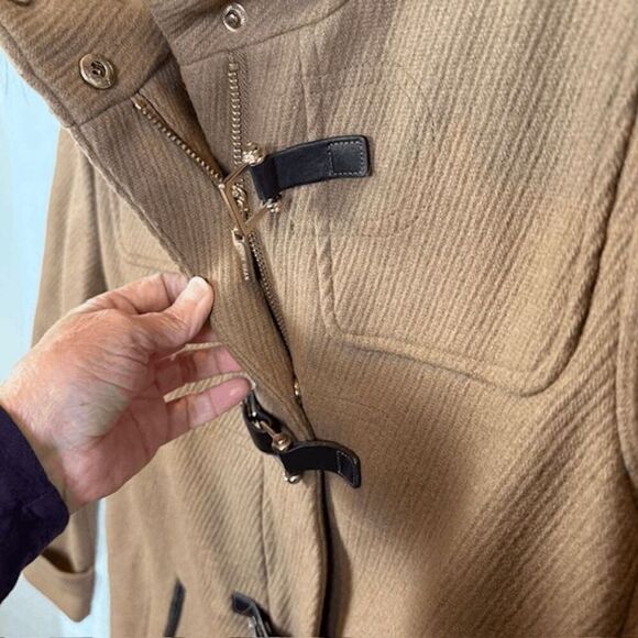 Cole Haan Signature Wool Leather Snap Faux-Fur-Trim Hooded Coat Camel Tan Size 4 - Picture 5 of 16